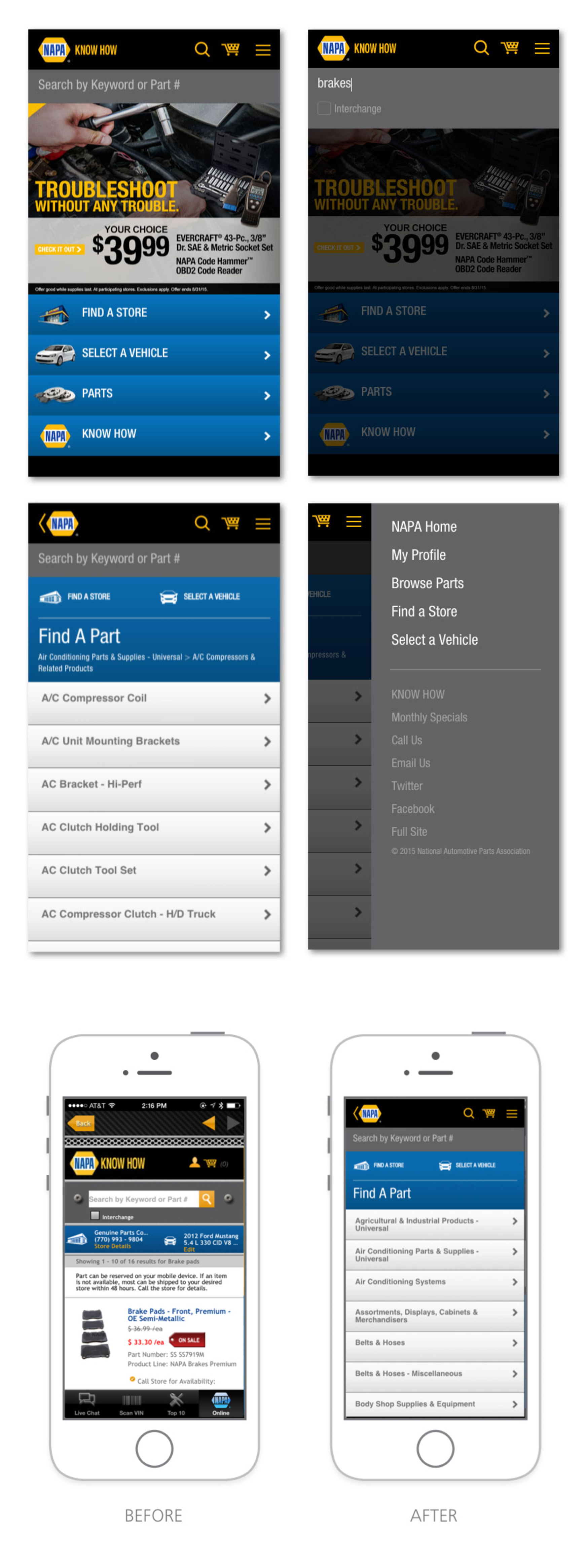 few screens showing updated NAPA app, as well as a before-after comparison