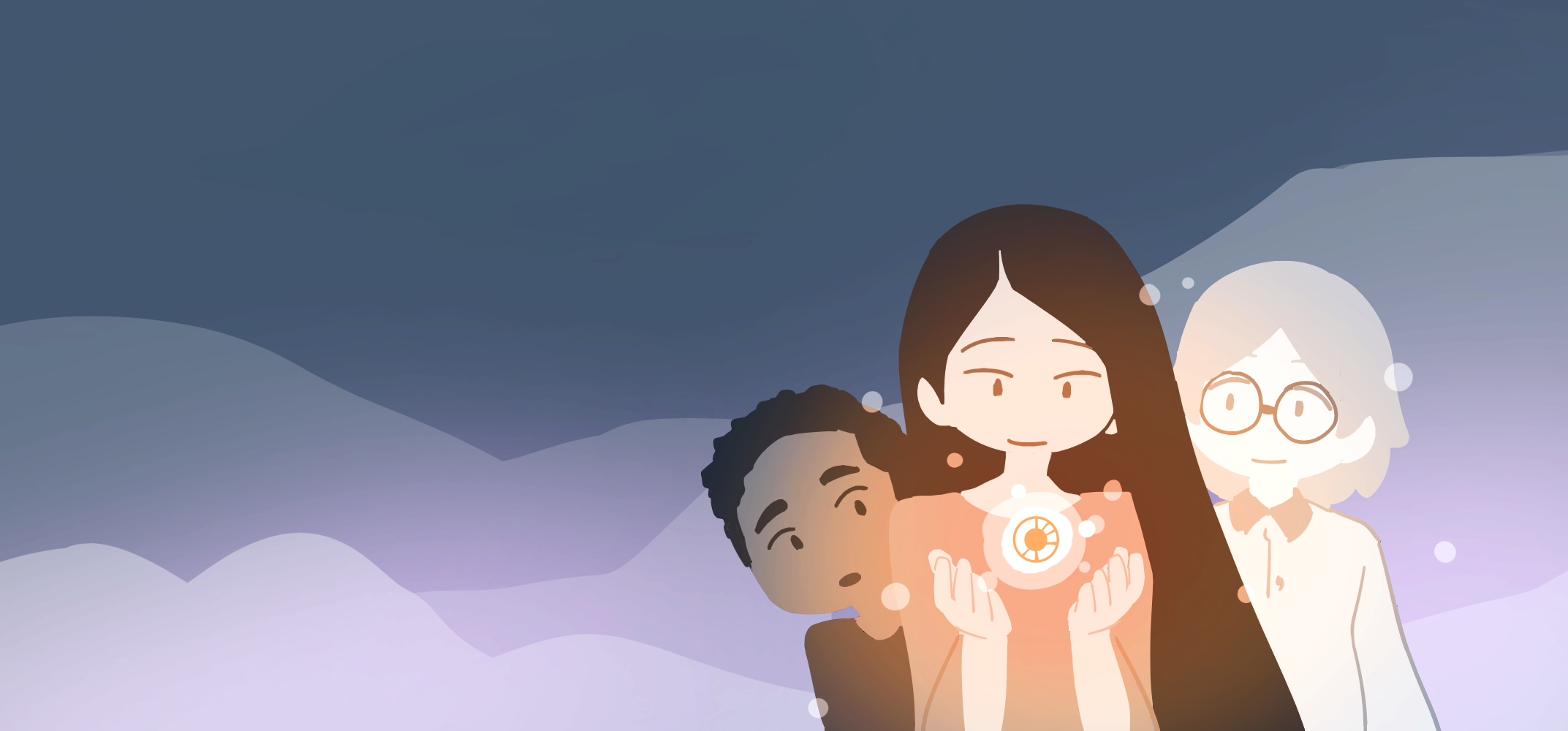 an illustration mockup for TRAILS showing three kids holding a glowing orb