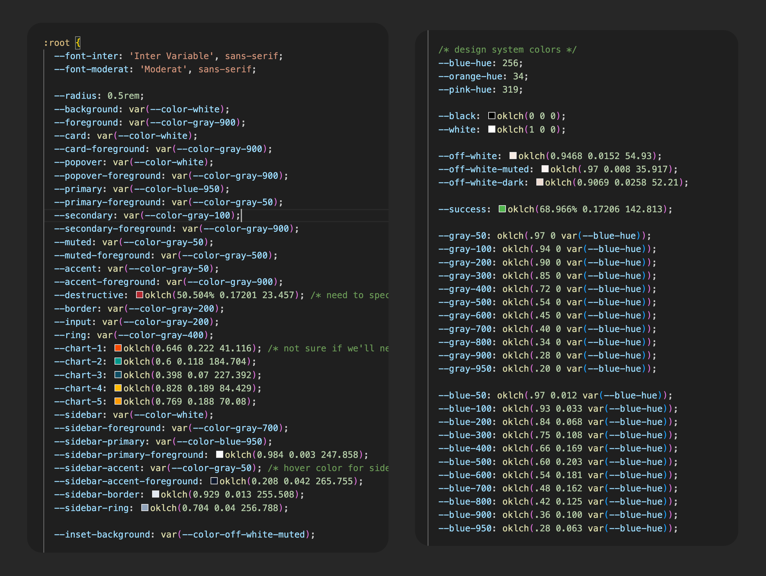 screenshot of globals.css code showing shadcn theme tokens and design tokens
