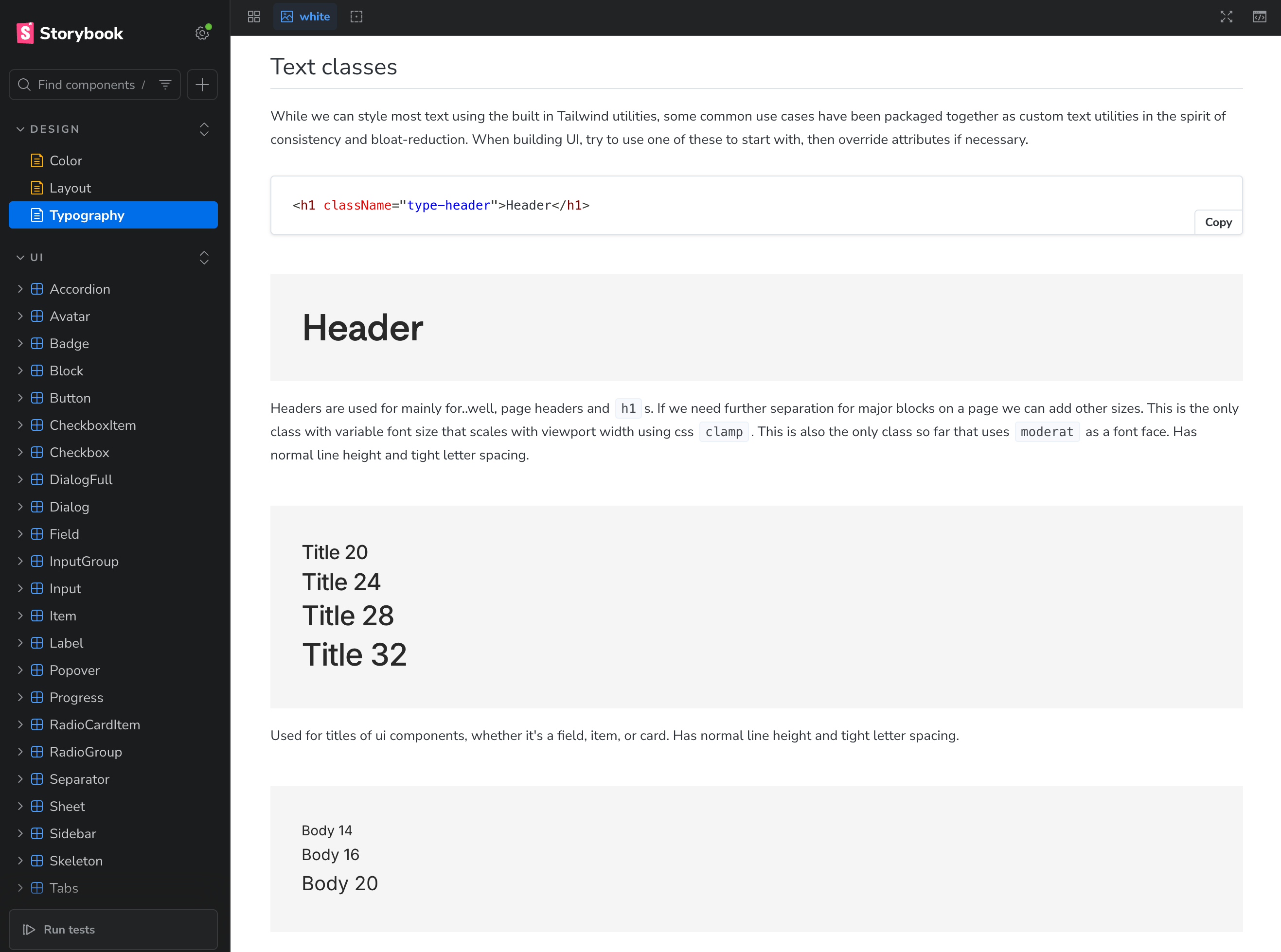 screenshot of Storybook documentation showing a bit of typography